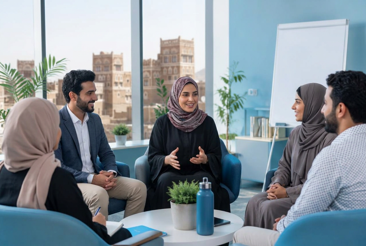 مجموعة في حوار داعم داخل بيئة العمل